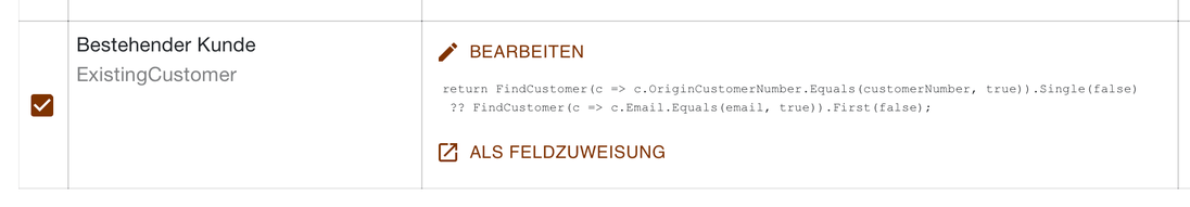 Feld Bestehender Kunde mit einem Skript, das erst über Kundennummer und dann über E-Mail sucht