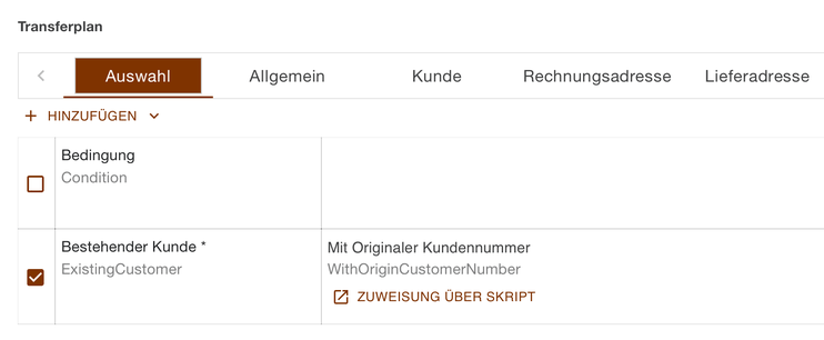 Register Auswahl mit dem Feld Bestehender Kunde und der Originalen Kundennummer