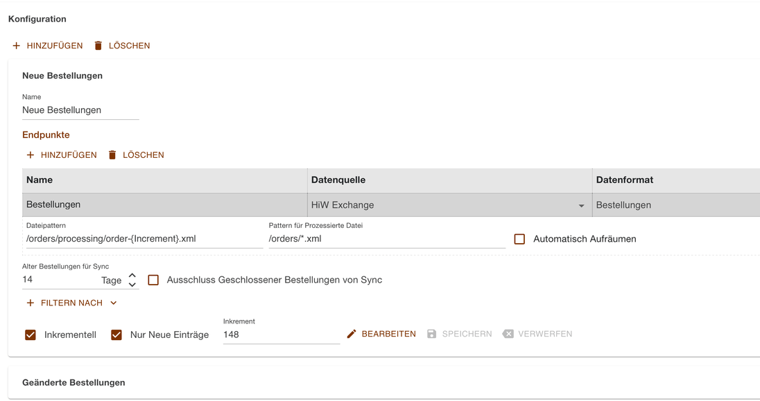 Konfiguration Neue Bestellungen mit Inkrementell und Nur Neue Einträge für den Dateiexport