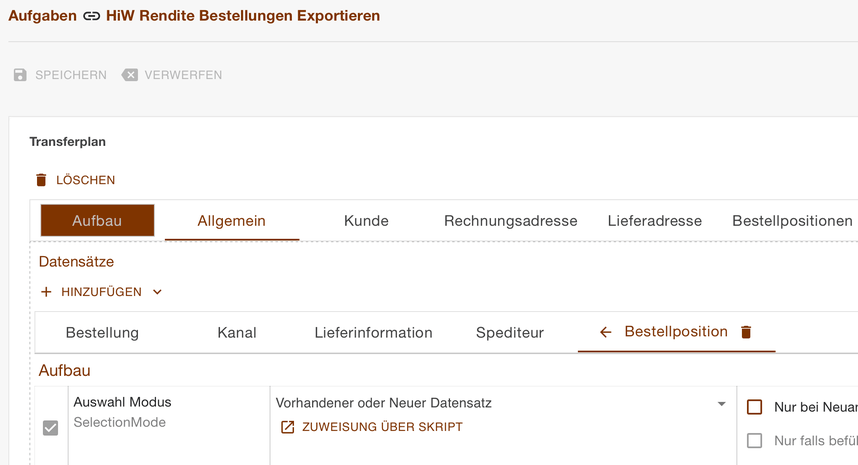 Register Aufbau des Bestellexports mit der Bestellposition als übergeordnetem Datensatz