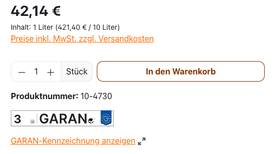 GARAN-Kennzeichnung im Bestellbereich der Shopware-Produktdetailseite