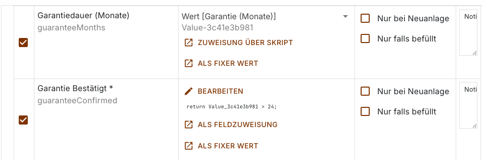 Transferplan der Aufgabe "Shopware Produkte Hochladen" mit den Zuweisungen für Garantiedauer und Garantie Bestätigt, letztere über ein Skript, das erst ab mehr als 24 Monaten zuschlägt