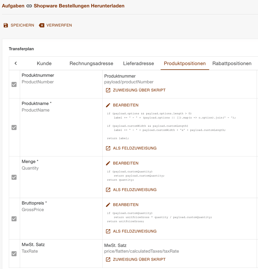 Register Produktpositionen mit Skripten für Produktname, Menge und Bruttopreis aus dem Payload
