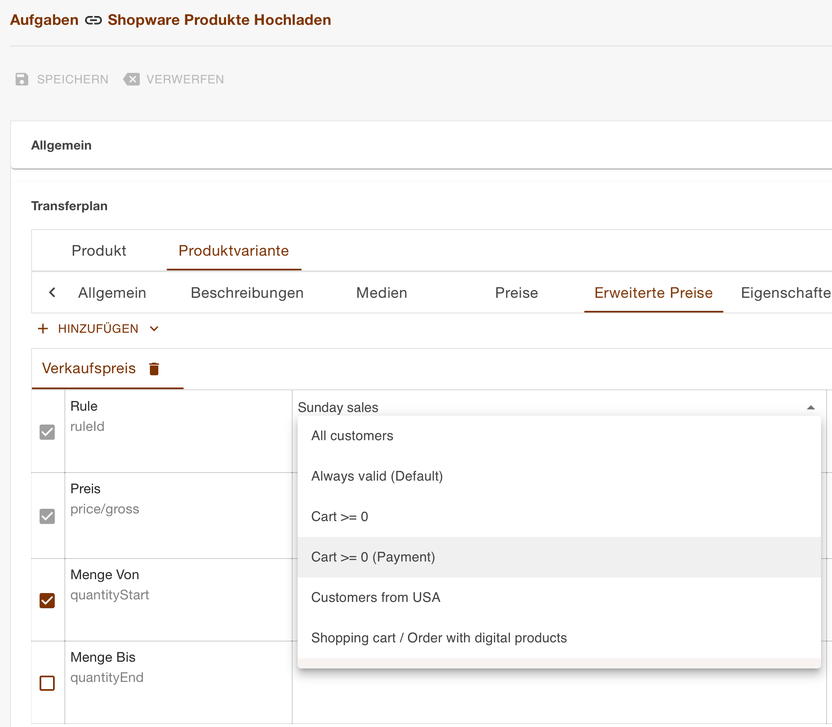 Register Erweiterte Preise mit dem geöffneten Auswahlfeld der Shopware-Preisregeln