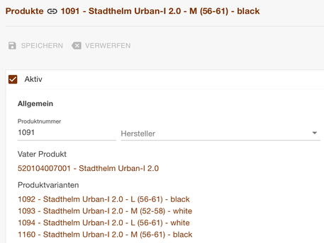 Register Allgemein eines Produkts mit Vater Produkt und Produktvarianten ganz oben