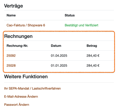 Benutzerprofil mit dem hervorgehobenen Bereich Rechnungen und zwei Rechnungszeilen