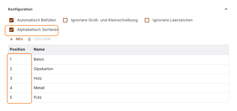 Konfiguration einer Auswahleigenschaft mit gesetztem Haken Alphabetisch Sortieren