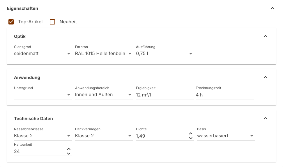 Bereich Eigenschaften eines Produkts mit den Gruppen Optik, Anwendung und Technische Daten