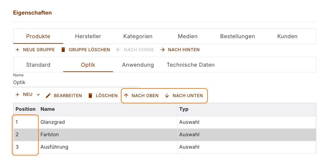 Eigenschaftsliste mit den hervorgehobenen Schaltflächen Nach Oben und Nach Unten und der Positionsspalte