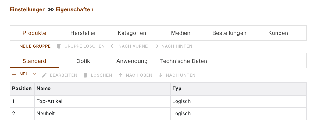 Einstellungen zu Eigenschaften mit den Registern von Produkte bis Kunden