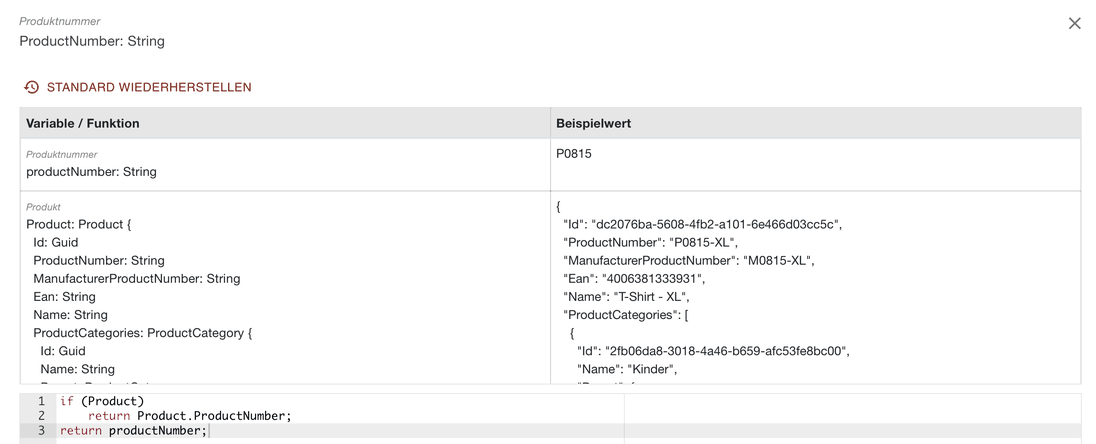 Skripteditor mit dem komplexen Objekt Product und seinem Beispielwert im Json-Format