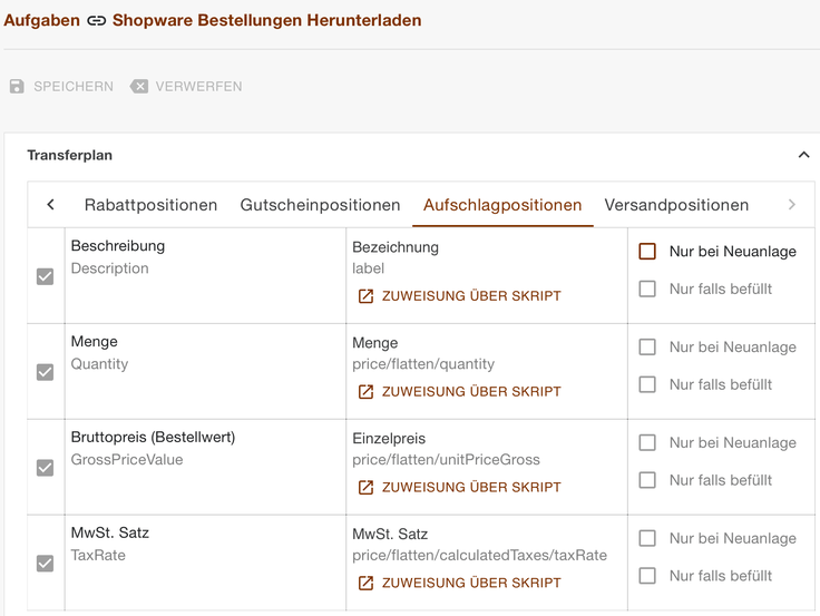 Neues Register Aufschlagpositionen im Transferplan der Shopware-Bestellungen