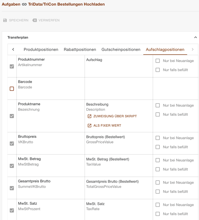 Register Aufschlagpositionen im Transferplan der TriData-Bestellungen mit fixer Produktnummer