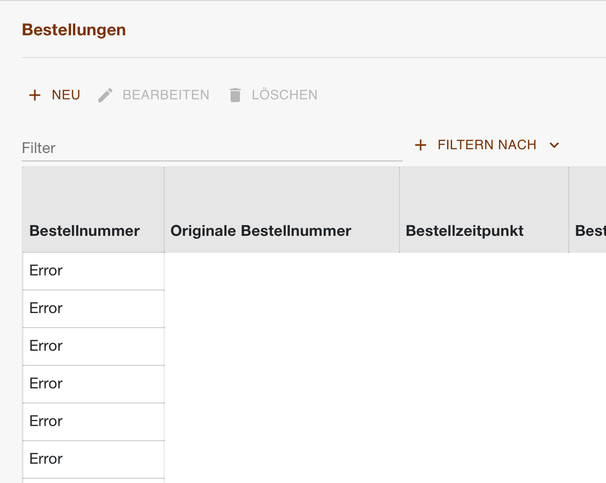 Bestellliste, in der nach schnellem Blättern in jeder Zeile nur Error steht