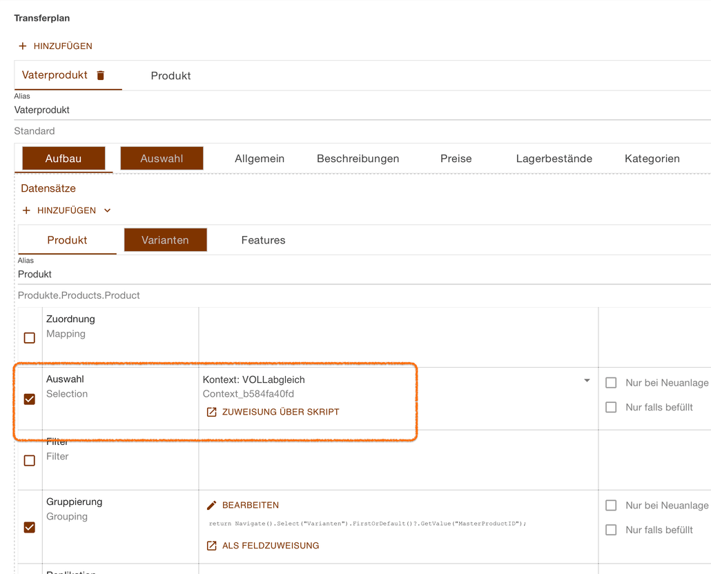 Transferplan Vaterprodukt mit der Auswahl auf den Kontext VOLLabgleich hervorgehoben