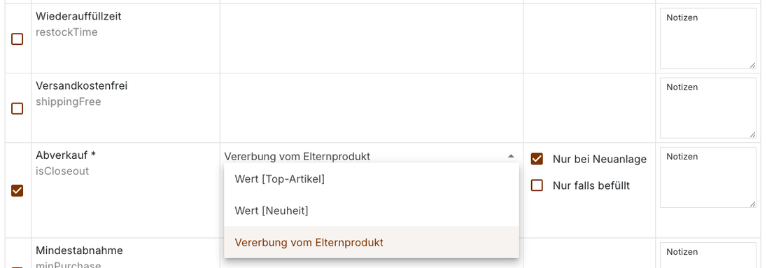 Feld Abverkauf der Produktvariante mit der gewählten Vererbung vom Elternprodukt