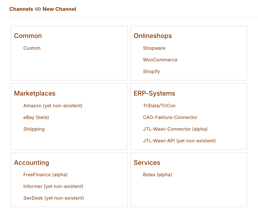 Channel type selection with six groups, from the custom channel through to services