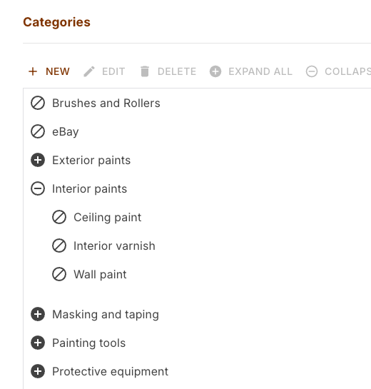 Category tree with seven roots and the expanded subcategories of Interior paints