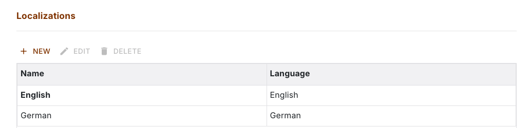 Localizations in the settings with name and the language they belong to