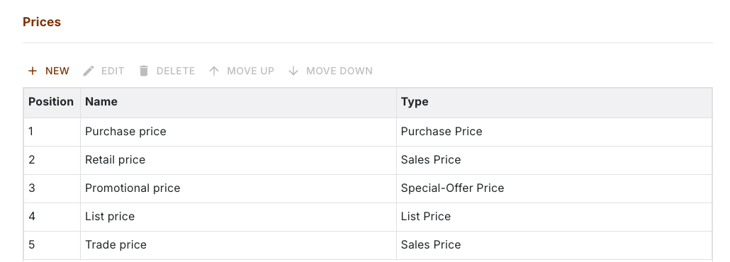 Settings with the five price groups and their types