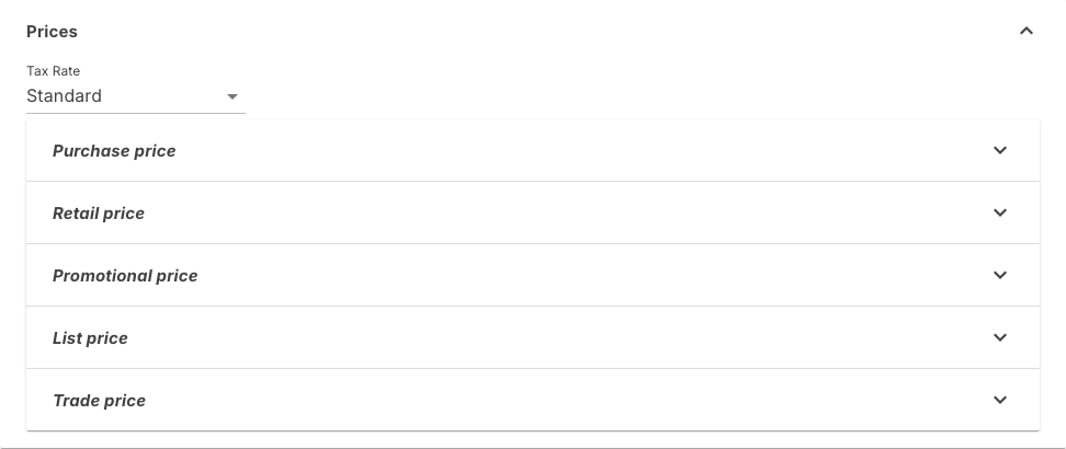 Prices section of a product with the tax rate and the price groups