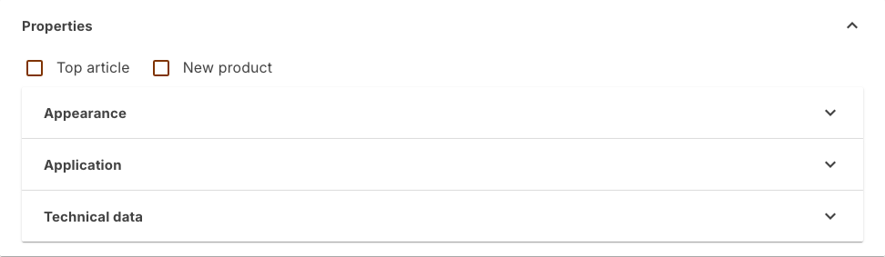 Properties section of a product with two ungrouped fields above three collapsed groups
