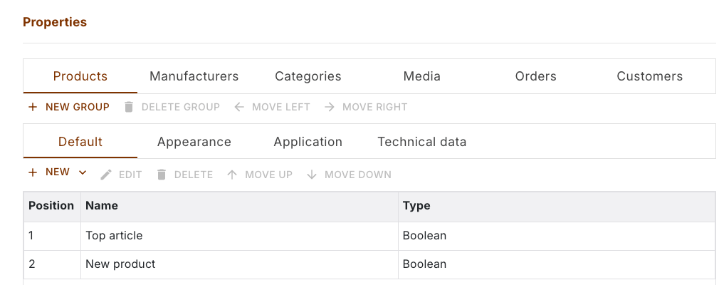 Property settings with the tabs for object types and for groups