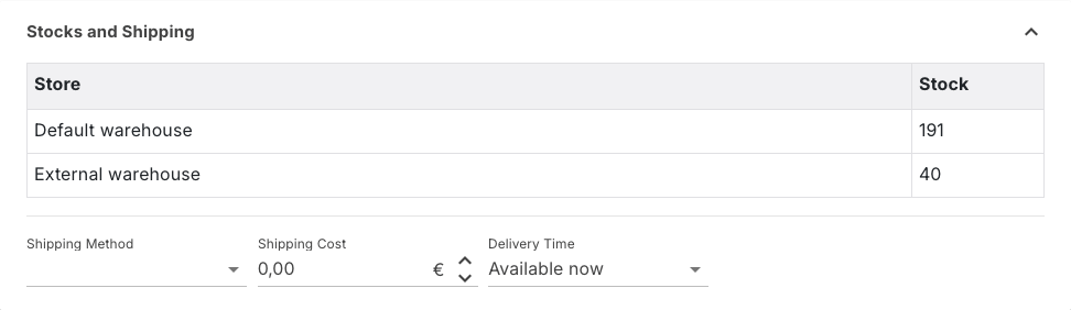 Stocks and Shipping section with two stores, shipping cost and delivery time
