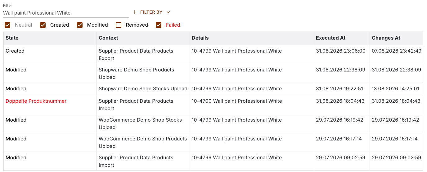 Traces filtered to a single product: six transfers of the same article across five tasks, one of them failed