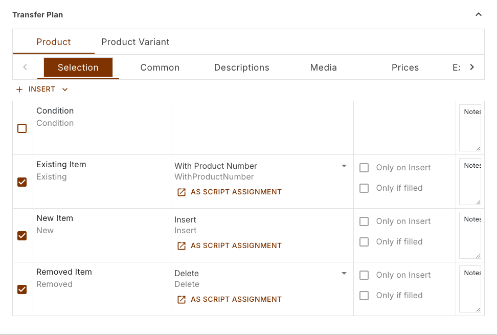 Selection section of a product task with the four rows Condition, Existing Item, New Item and Removed Item