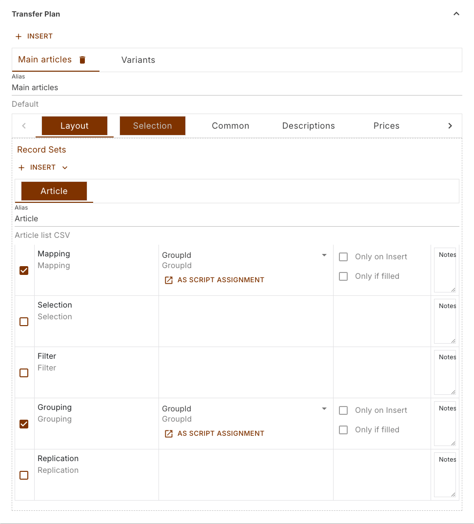 Transfer plan with the plan tabs, the section tabs and the record set Article list CSV