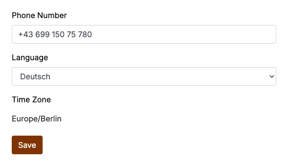 End of the profile form with the language and time zone fields