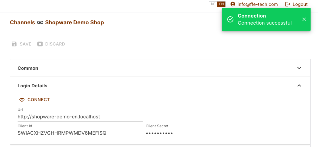 Login details of a Shopware channel with the message that the connection succeeded
