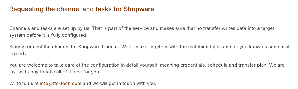 Request page for a Shopware channel with the explanation and the contact address