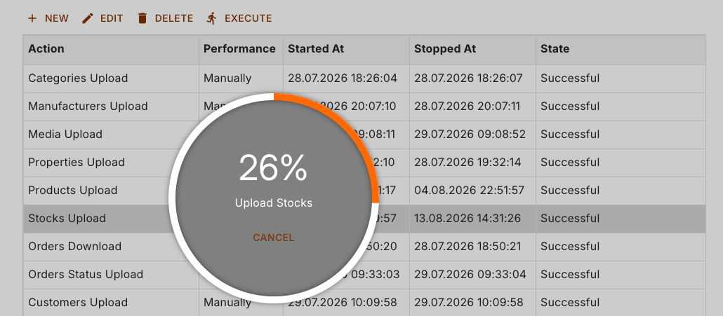 Task list with the progress of a running execution and the Cancel button