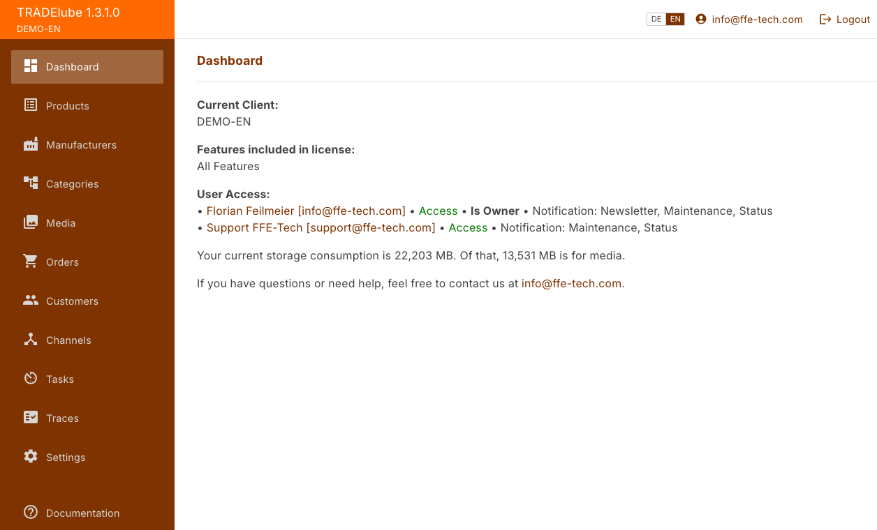 The application after signing in, the navigation bar on the left and the dashboard on the right