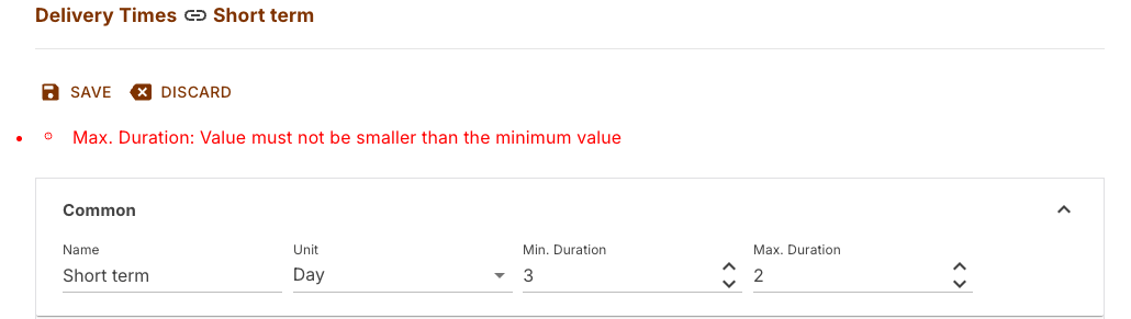 Delivery time with a red message because the maximum duration is below the minimum