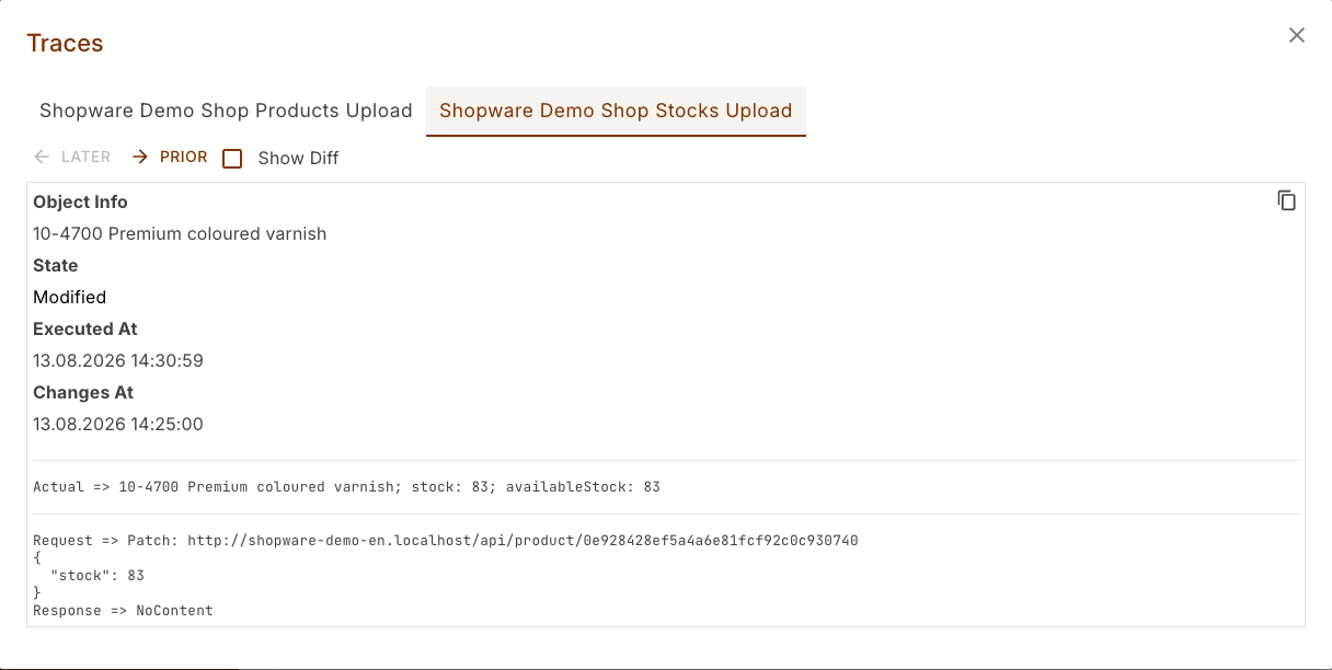 Trace of a stock level: the stock change handed to the shop, with the interface request and response