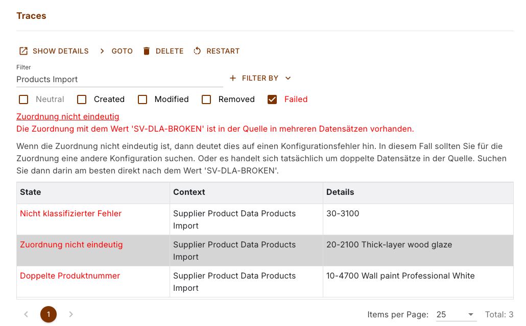 Traces with the failed filter, an error message including the remedy and three named records