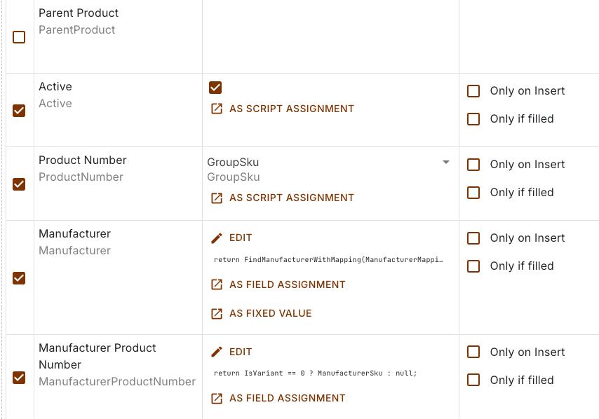 Assignment rows of a transfer plan from a supplier import, each row a field assignment or a script
