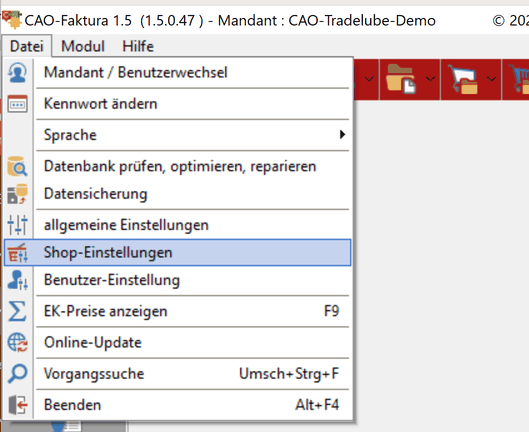 Menü Datei in CAO-Faktura mit dem hervorgehobenen Eintrag Shop-Einstellungen