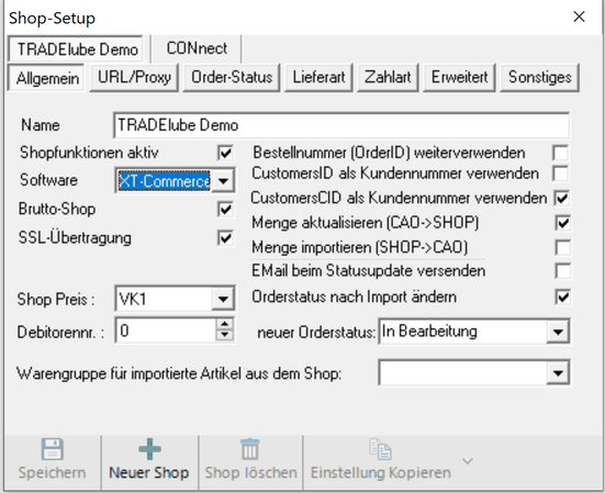 Registerblatt Allgemein der Shop-Einstellungen mit Software, Brutto-Shop, SSL-Übertragung und den Kundennummern-Haken