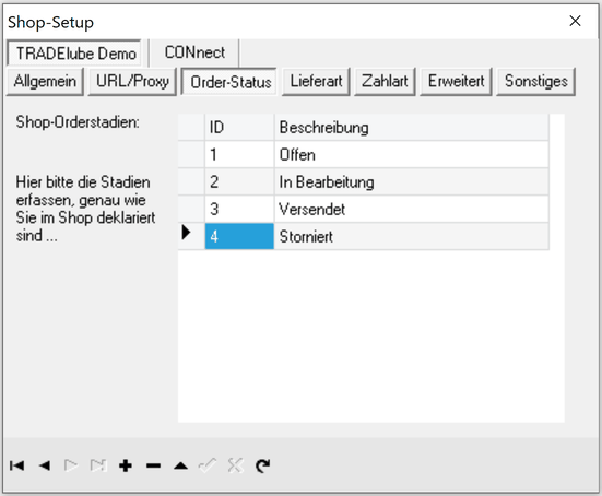 Registerblatt Order-Status der Shop-Einstellungen mit den Stadien 1 bis 4