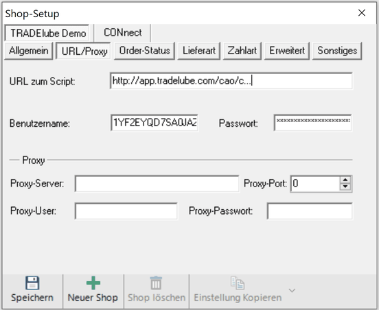 Registerblatt URL/Proxy der Shop-Einstellungen von CAO-Faktura mit URL zum Script, Benutzername und Passwort