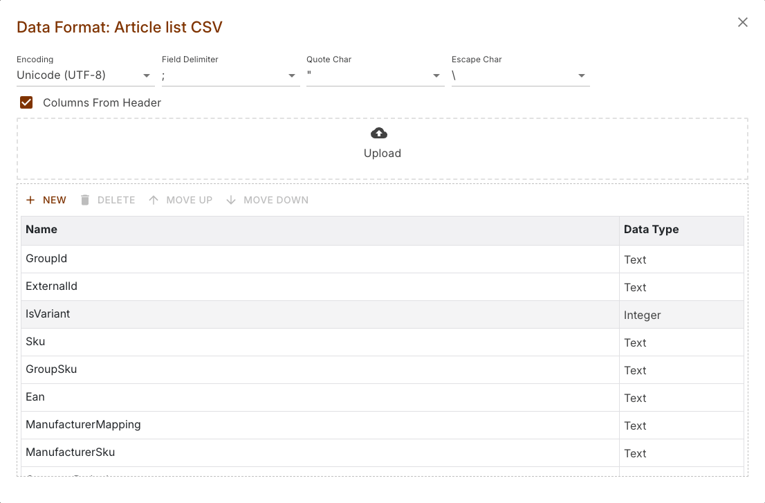 Dialog of the Article list CSV data format with the Upload area and the derived field list including data types
