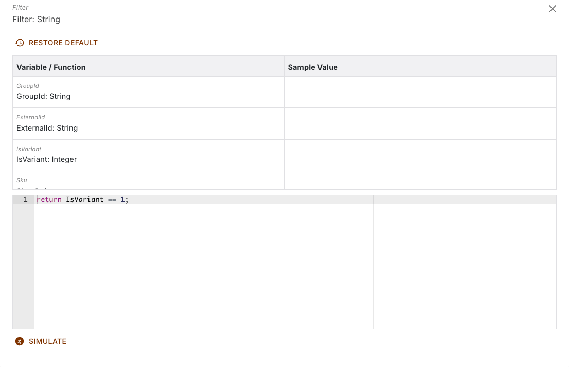 The script dialog of a filter assignment with the variable and function list at the top, the editor below it and the Simulate button
