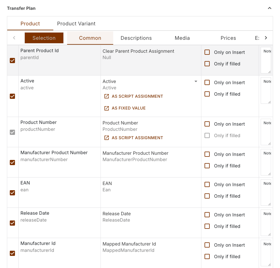 Assignment rows of the Common section in the product upload: checkbox, name, value with its toggles and the two condition boxes per row