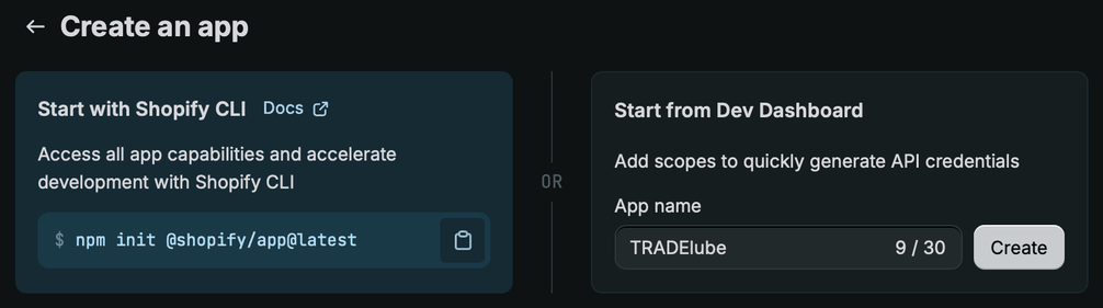 Create app form in the Dev Dashboard with the app name entered