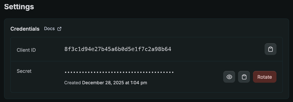 Credentials section of the app with client ID and secret