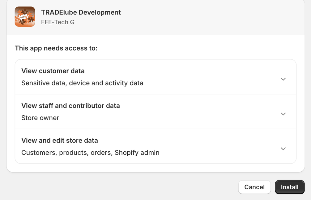 Shopify consent page with the requested accesses and the Install button